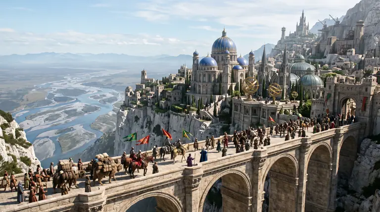 Fehér dolomitsziklákra épült fantasy főváros kobaltkék és arany kupolákkal, napfényben forgó csillagászati gyűrűkkel, valamint a többlépcsős kőhídon átkelő kereskedőkaravánokkal és követekkel.