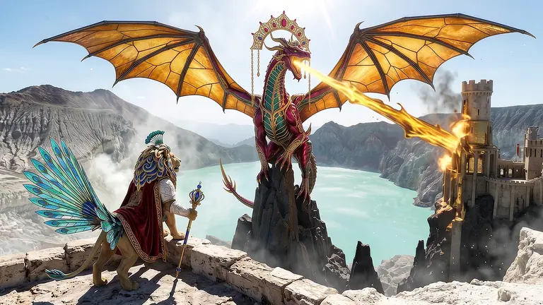 Sárkoron, a rubin- és smaragdmázas koronasárkány aranylánggal zománcoz egy vártornyot a napfényes fehér mészkő kaldera peremén, miközben Királyka Zománc, az oroszlán-páva nádor jogarkörzőjével irányítja az építkezést a türkiz krátertó felett.